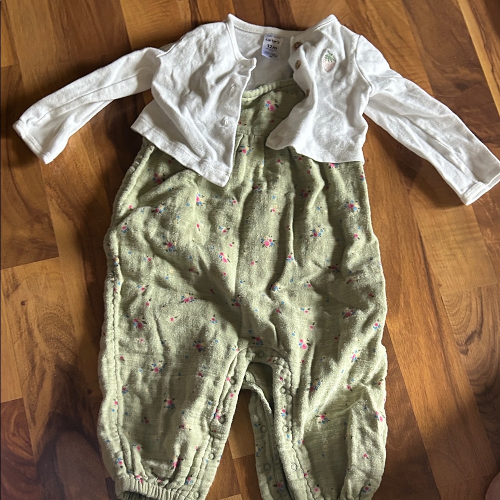 Fall White Cardigan and Green Floral Overalls Set Girl 12mo